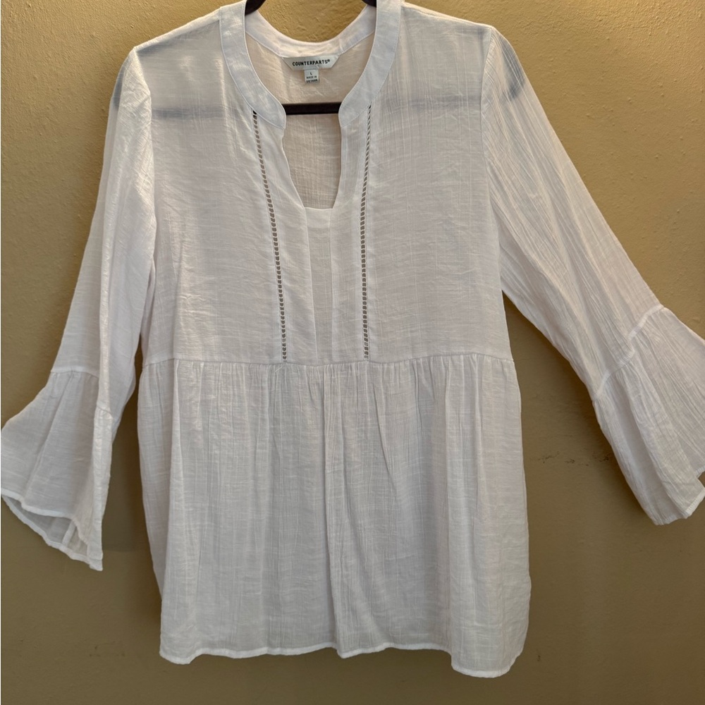 Universal Thread White Blouse with Flutter Sleeves and Mandarin Collar